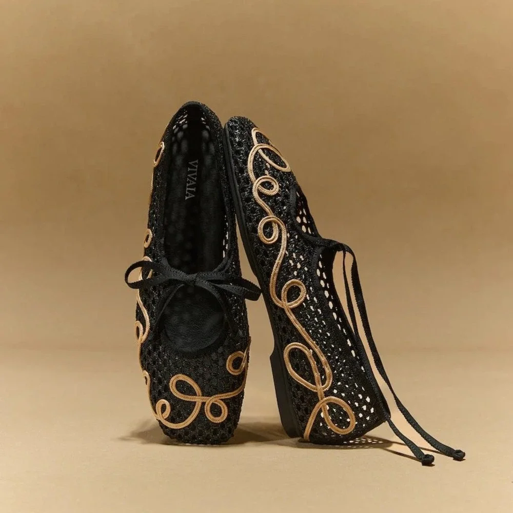 VIVAIA Makayla Black Natural Mesh Embroidered Square Toe Flats EU 39.5 US 8.5